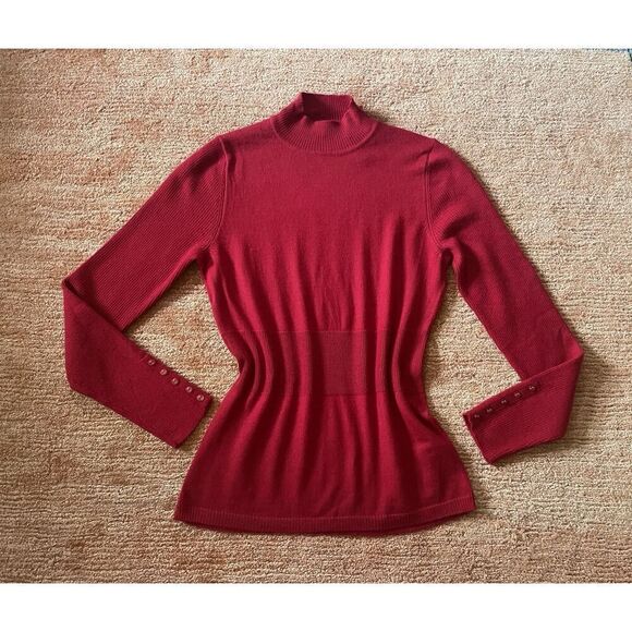 FWM Sweaters - Women’s FWM 100% merino wool red mock neck sweater L fitted ribbed cuffs UK